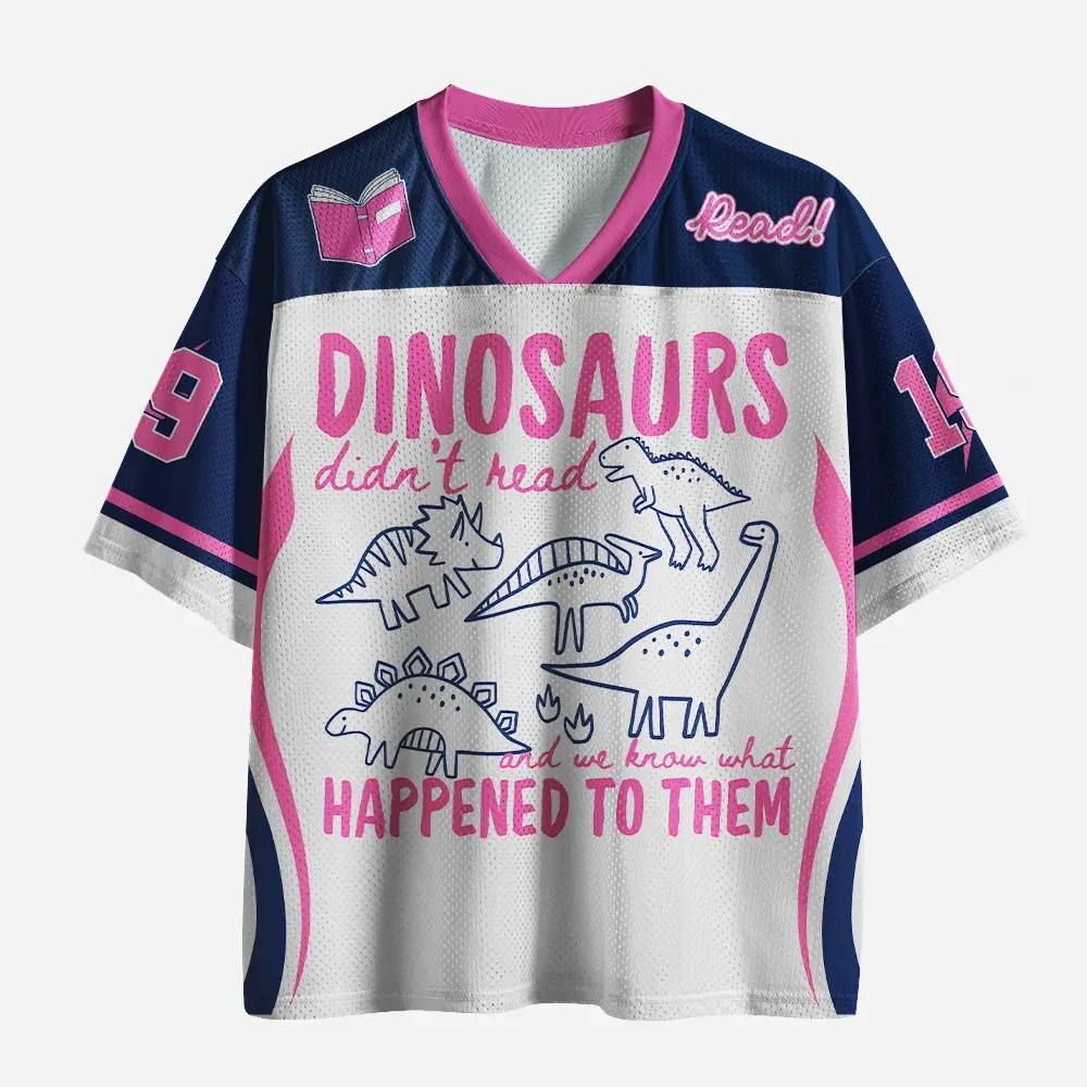 2026 Fun Dinosaur Encouragement Slogan Printed V-neck Short Sleeve Unisex Loose Mesh Lightweight Breathable T-shirt
