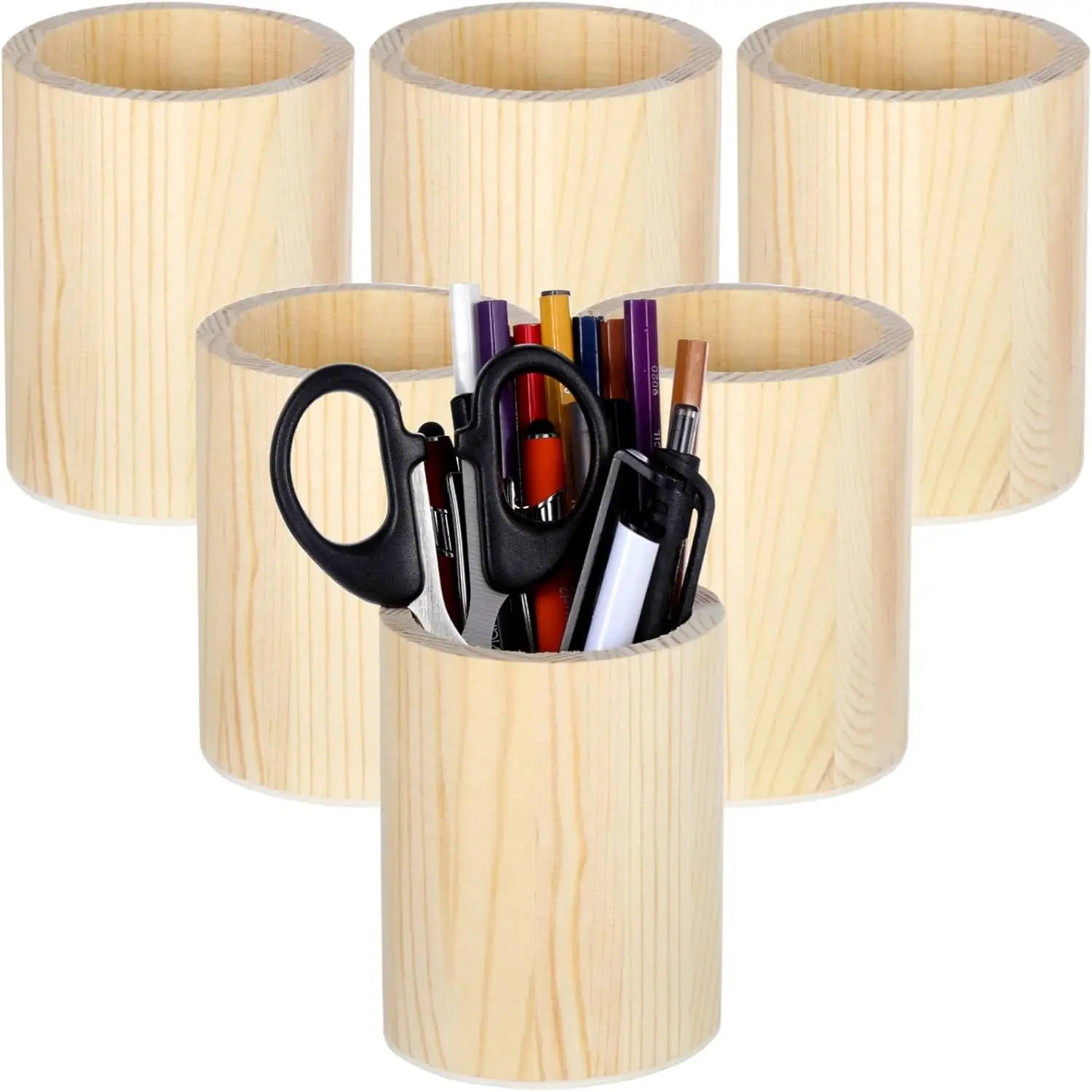 6PCS Round Wooden Pen Holders, Unfinished Natural Wood Desk Pencil Holder Stand, Multipurpose Cylindrical Wood Desk Organizer fo
