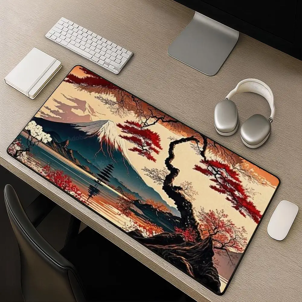 Ukiyo-e Red Maple Mount Fuji Large MousePad Japanese Vintage Art XXL Gaming Desk Mat NonSlip Rubber Keyboard Pad Retro Landscape