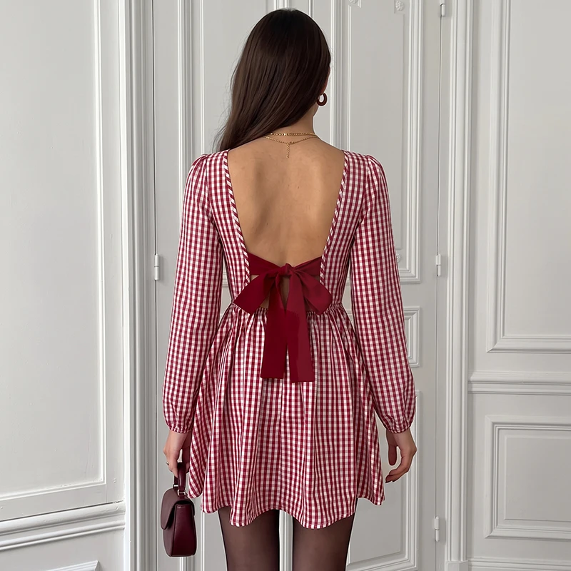2026 Autumn/Winter New Collection, Christmas Clothing, Plaid Backless Bowknot Short Dress for Women