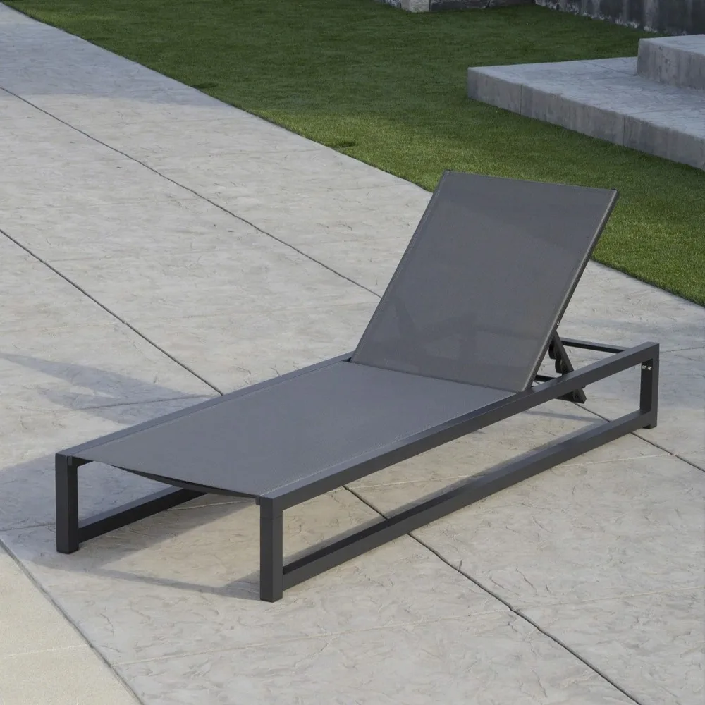 Sun Loungers Outdoor Aluminum Framed Chaise Lounge with Mesh Body, Black Finish / Grey Mesh