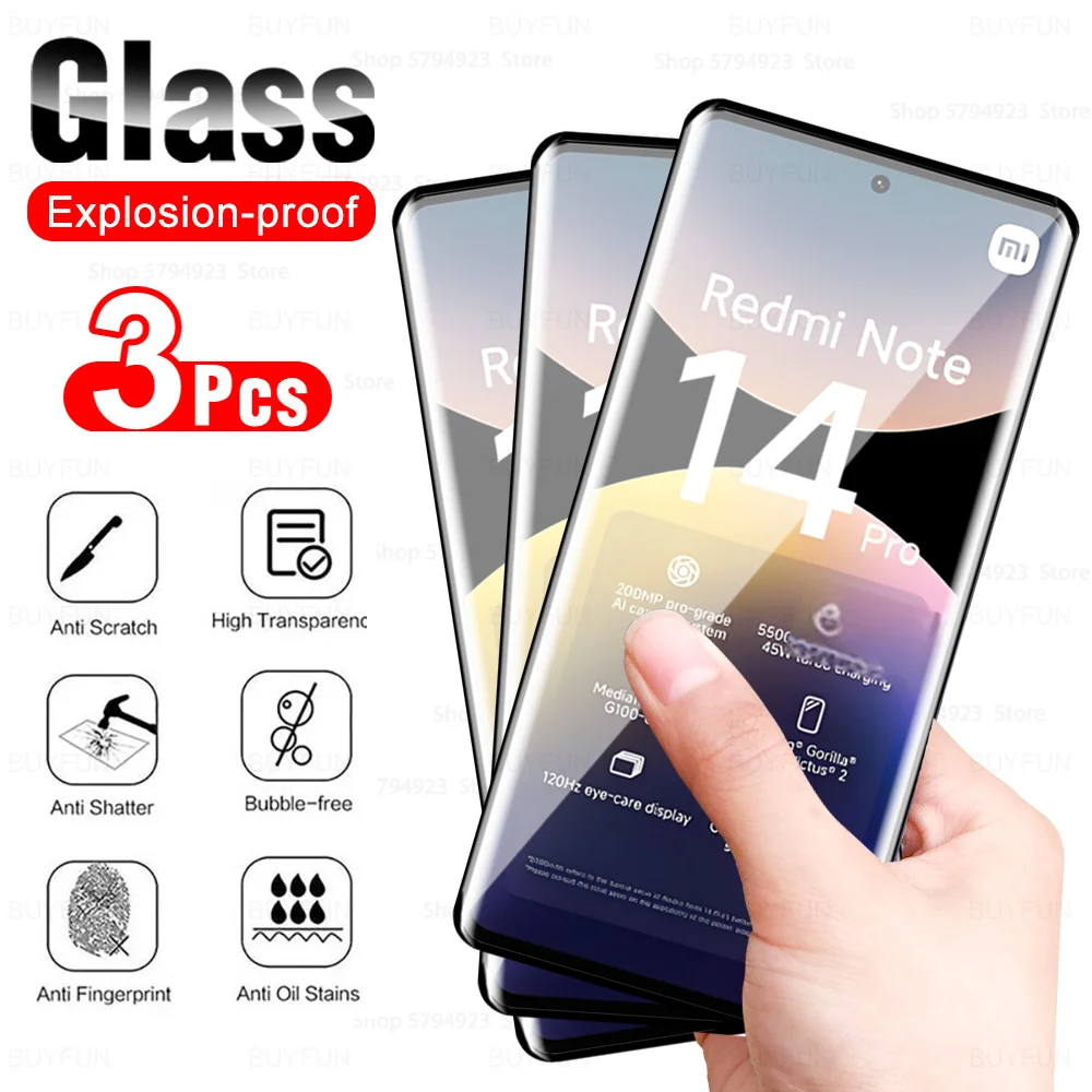 3Pcs Curved Tempered Glass For Xiaomi Redmi Note 14 Pro Plus 5G HD Phone Screen Protector Redmy Note 14 Pro+ Note14ProPlus 2024