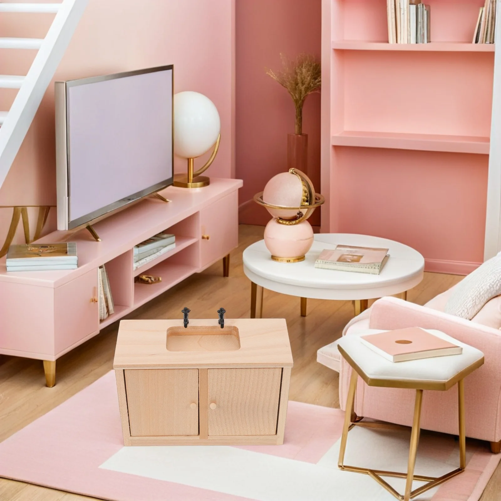 1:12 Schaal Miniatuur Badkamermeubels Houten Gootsteen Wastafel Kast Simulatie Wastafel voor Poppenhuis Badkamer Scène Prop