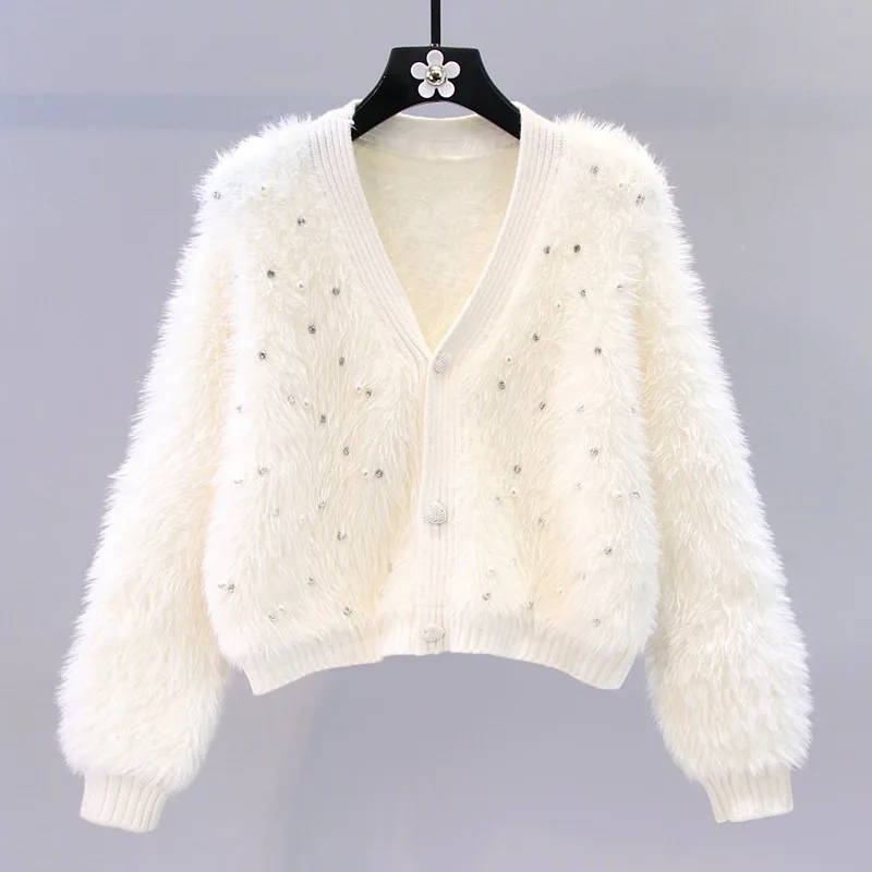 Women's New Fashion Small Perfume Style Imitation Mink Wool Jacket  Loose Short V-neck Knitted Cardigan Summer Dress White