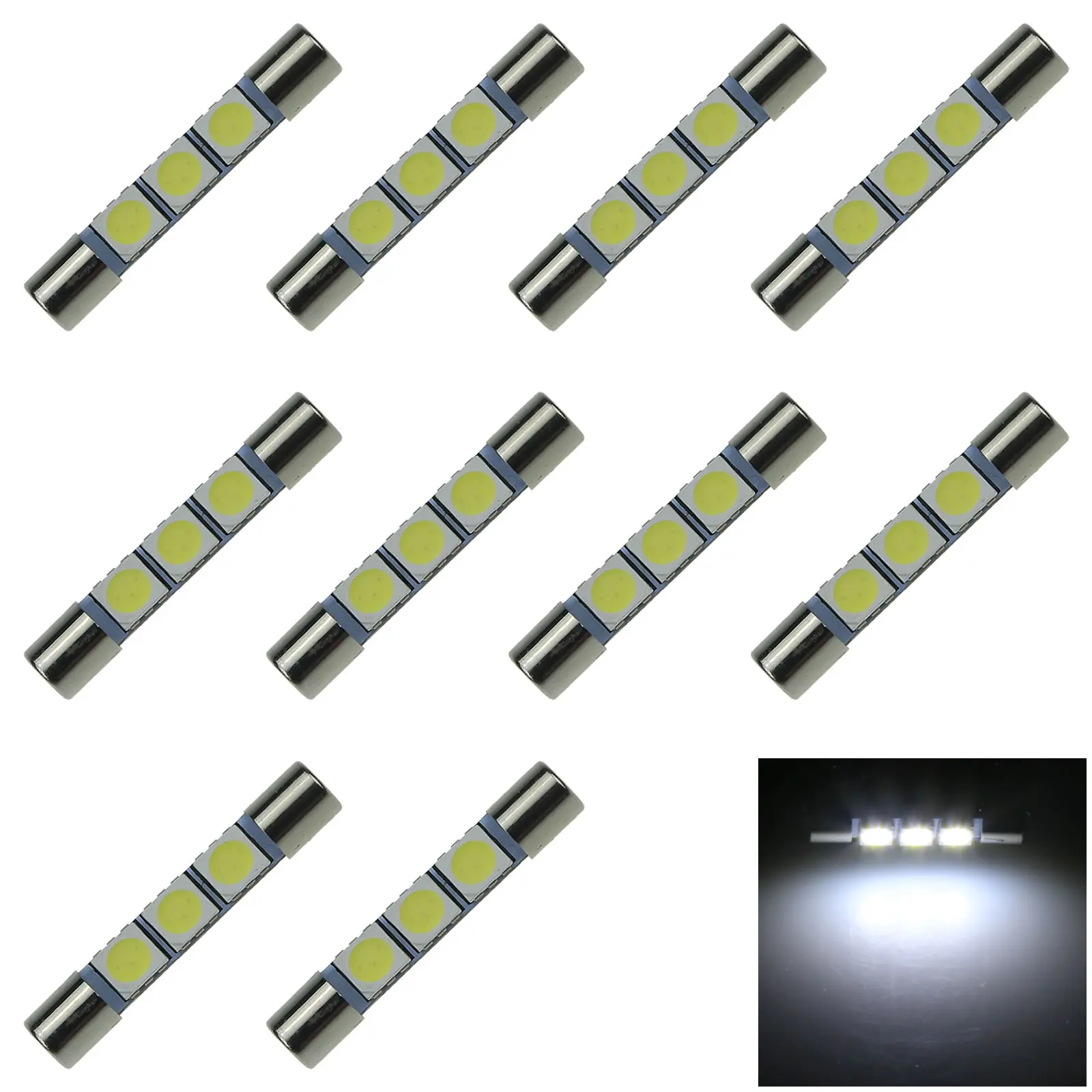 

10x White Car T6.3 Fuse Light SunVisor Blub 32MM 3 Emitters 5050 SMD LED 6614 TS-14V1CP Z20018