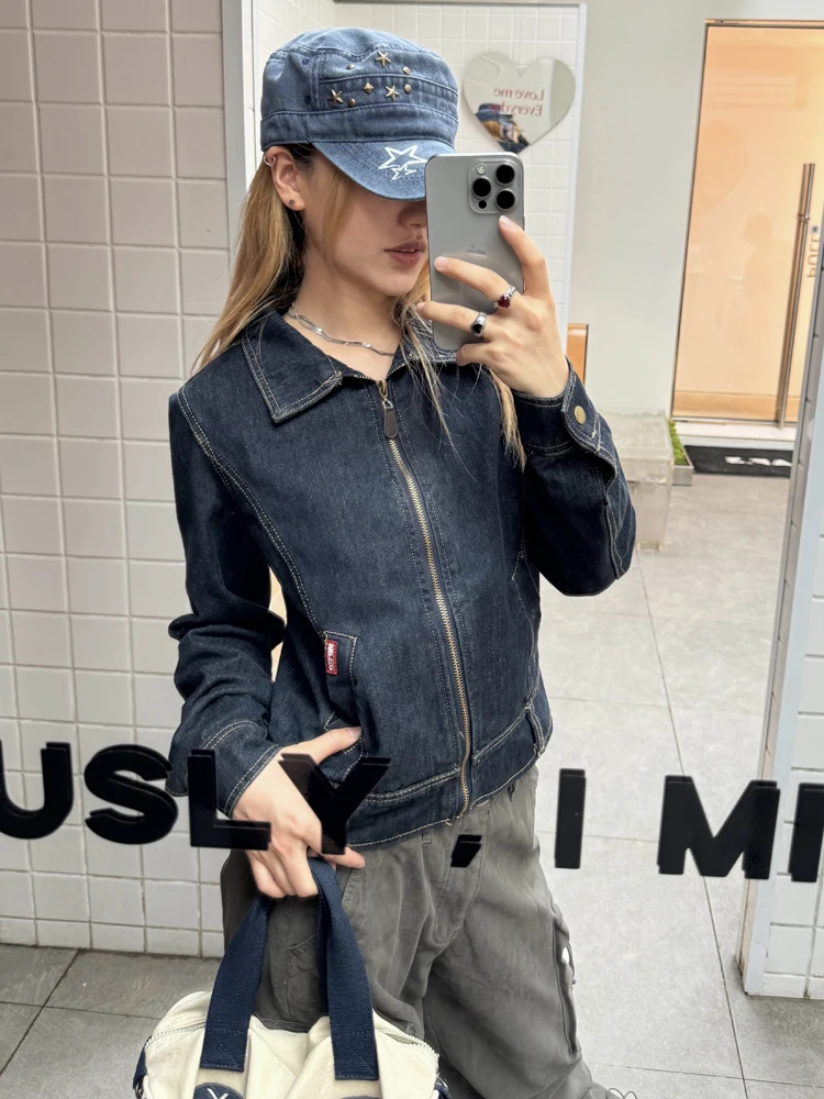 

American Sle Worn-look Slim Fit Denim Jaet ort Women's Spring Autumn New Top Cleanfit Street Sle Cotton Long Sve Z...