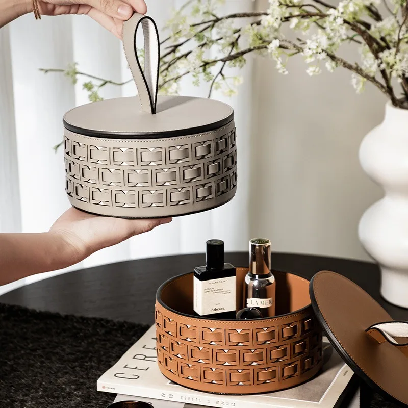 Plateau de vanité tissé en cuir de selle de luxe léger, organisateur cosmétique multi-compartiments et boîte à bijoux, décoration de bureau design