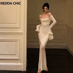 REDDACHiC White Lace Spliced Fishtail Long Dress Women Floral Corsage Ruched Sheer Long Sleeves Medieval Retro Desire One-piece