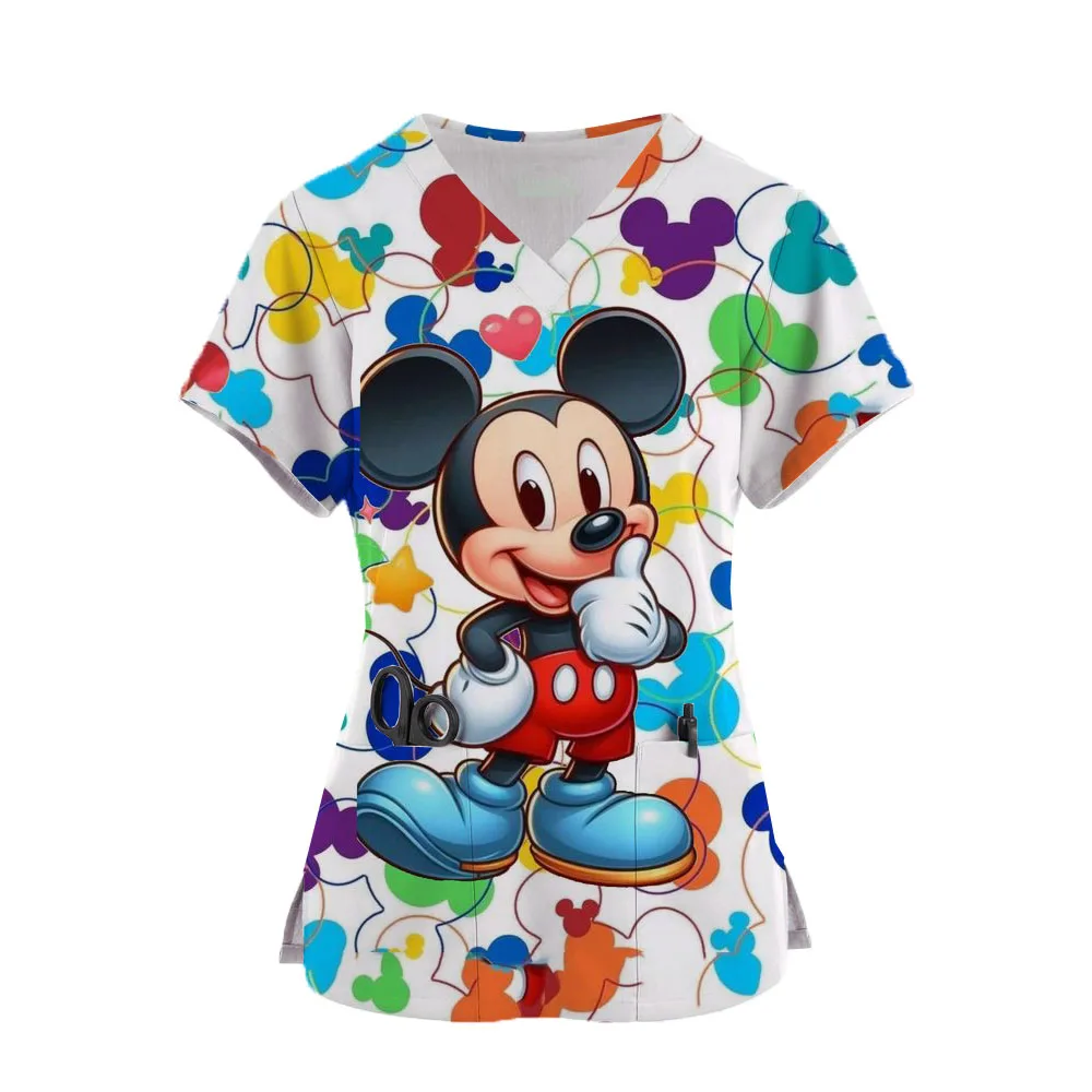 

Miniso Ladies Nurse Uniform Short Sleeve V-neck Workwear Disney Mickey Mouse Print Working Uniform Woman Casual Medical Nursing