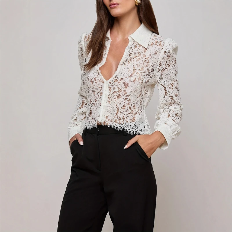 

2026 Summer New Hot Selling Hollow Lace Lapel Short Style Tassel Short Style Long Sleeved Shirt for Women