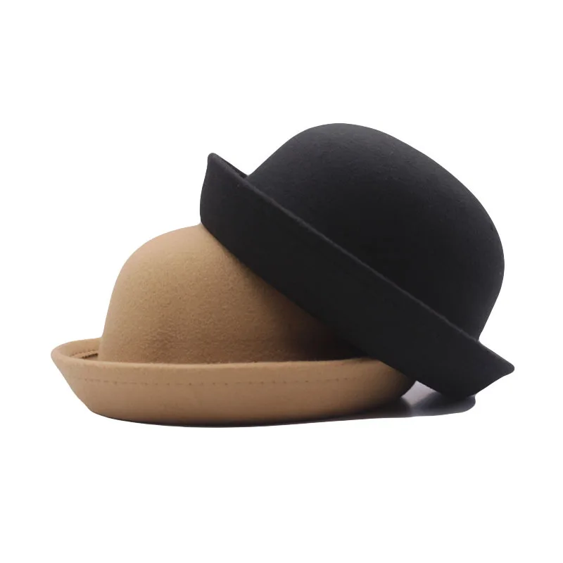Outdoors Adult Children Flat-top Fedora Pure Color Imitation Wool Jazz Hat Wide Brim L .adies ElegantRound Hat Bowler Hat