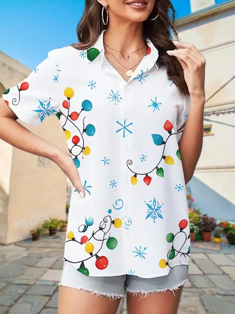 Women Short Sleeve Button Down Shirt Lapel Collar 3D Print Casual Blouse Christmas Floral Geometric Pattern Loose Tops Camisas