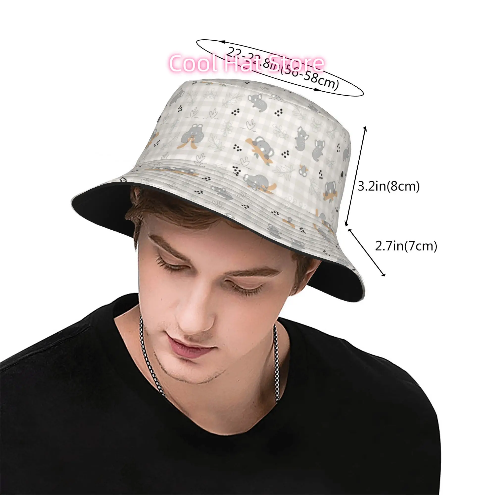 1pc Cute Koala Plaid Pattern Fully Printed Fisherman Hat Beach Hat, Unisex Outdoor Sun Hats Fashionable Bucket
