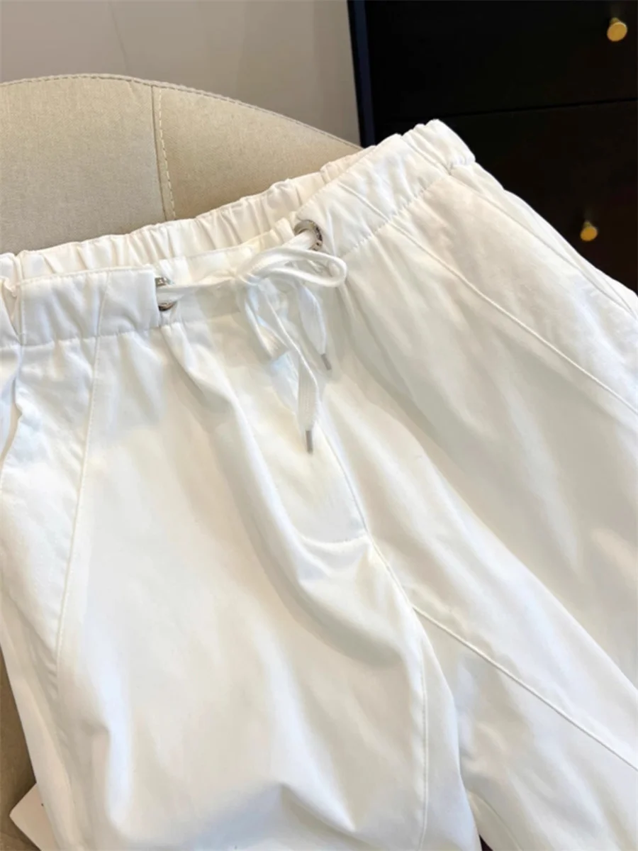 트렌디한 화이트 레터 프린트 워크 팬츠 하이웨이스트 끈 조임 루즈핏 여름 빈티지 롱 팬츠 캐주얼 패션