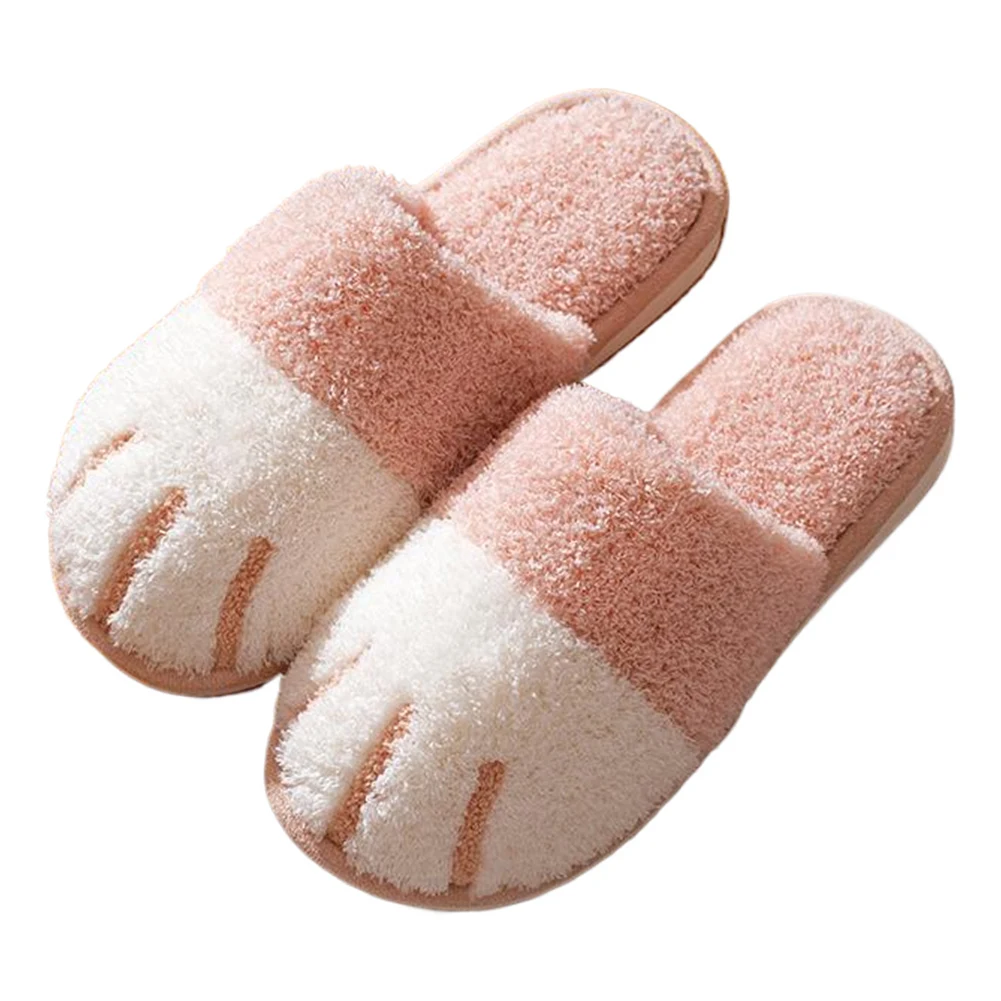 Plush Cat Paw Slippers Flat Thermal Slippers Anti Slip Fluffy Home Slippers Furry Closed Toe Slippers for Living Room Bedroom