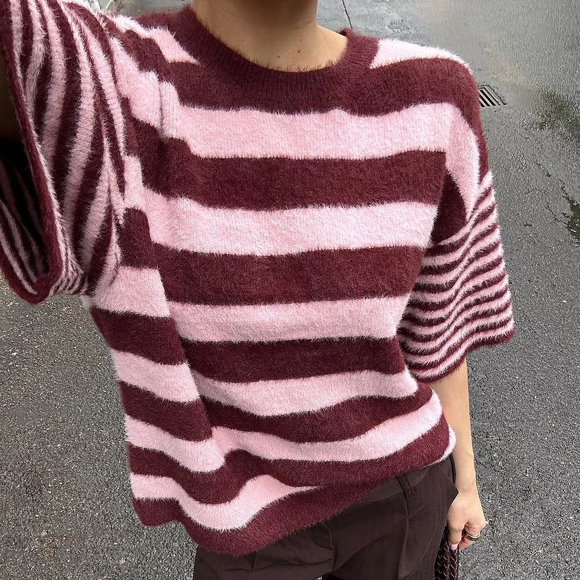 

Женские осенне-зимние лоскутные вязаные свитера в стиле ретро с короткими рукавами и круглым вырезом, полосатые трикотажные топы, альтернативная одежда