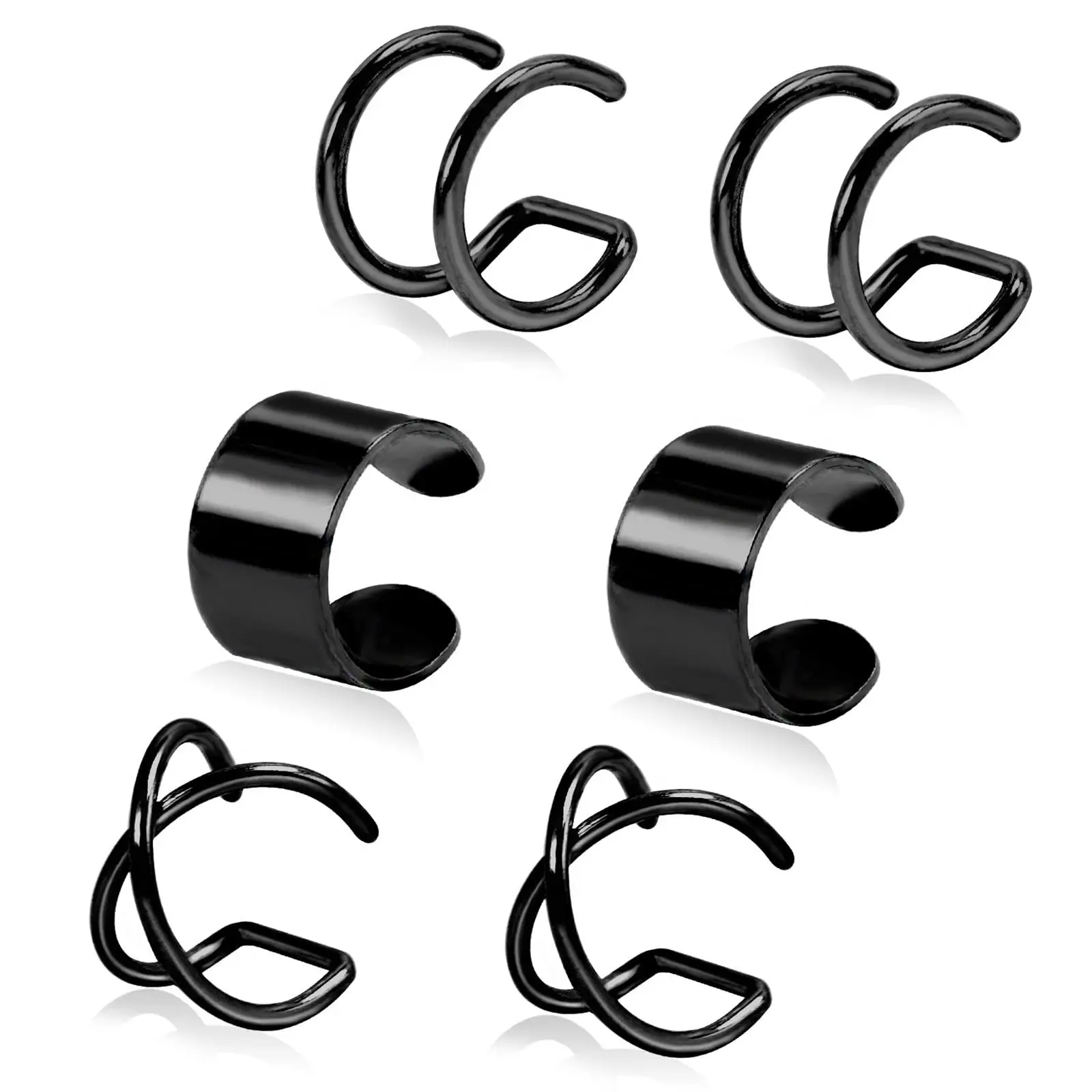 6pcs Stainless Steel Trendy Cute Simple Double Lines Ear Cuff Set Non Piercing Fake Helix Cartilage Huggie Cross Cuff Earrings