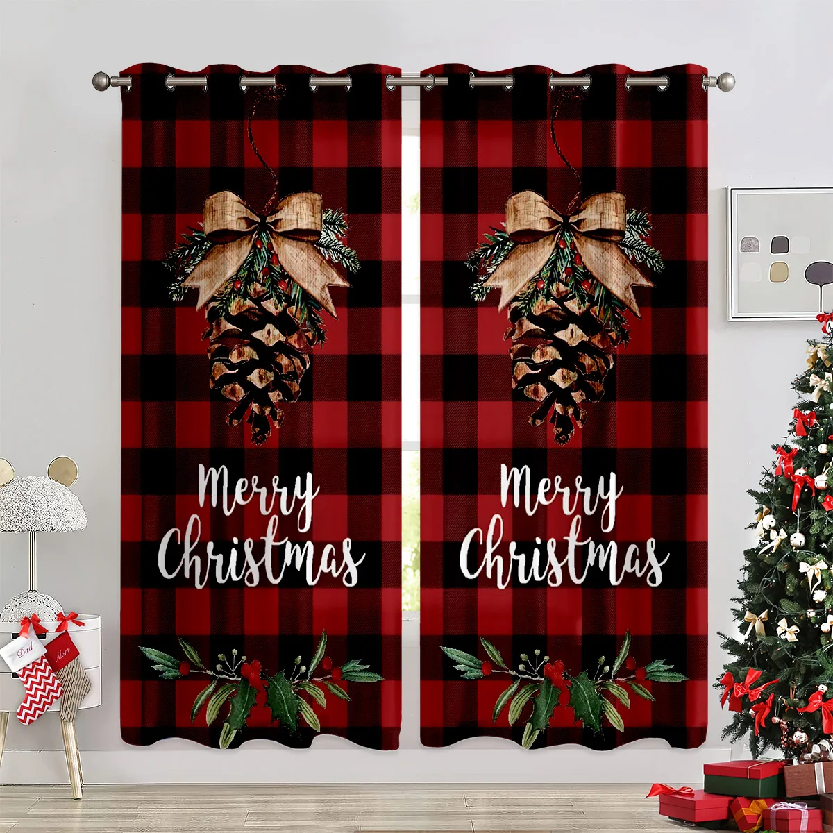2pcs Retro Plaid Christmas Print Curtains – Decorative Light-Filtering Curtains for Children's Rooms – Holiday Gift