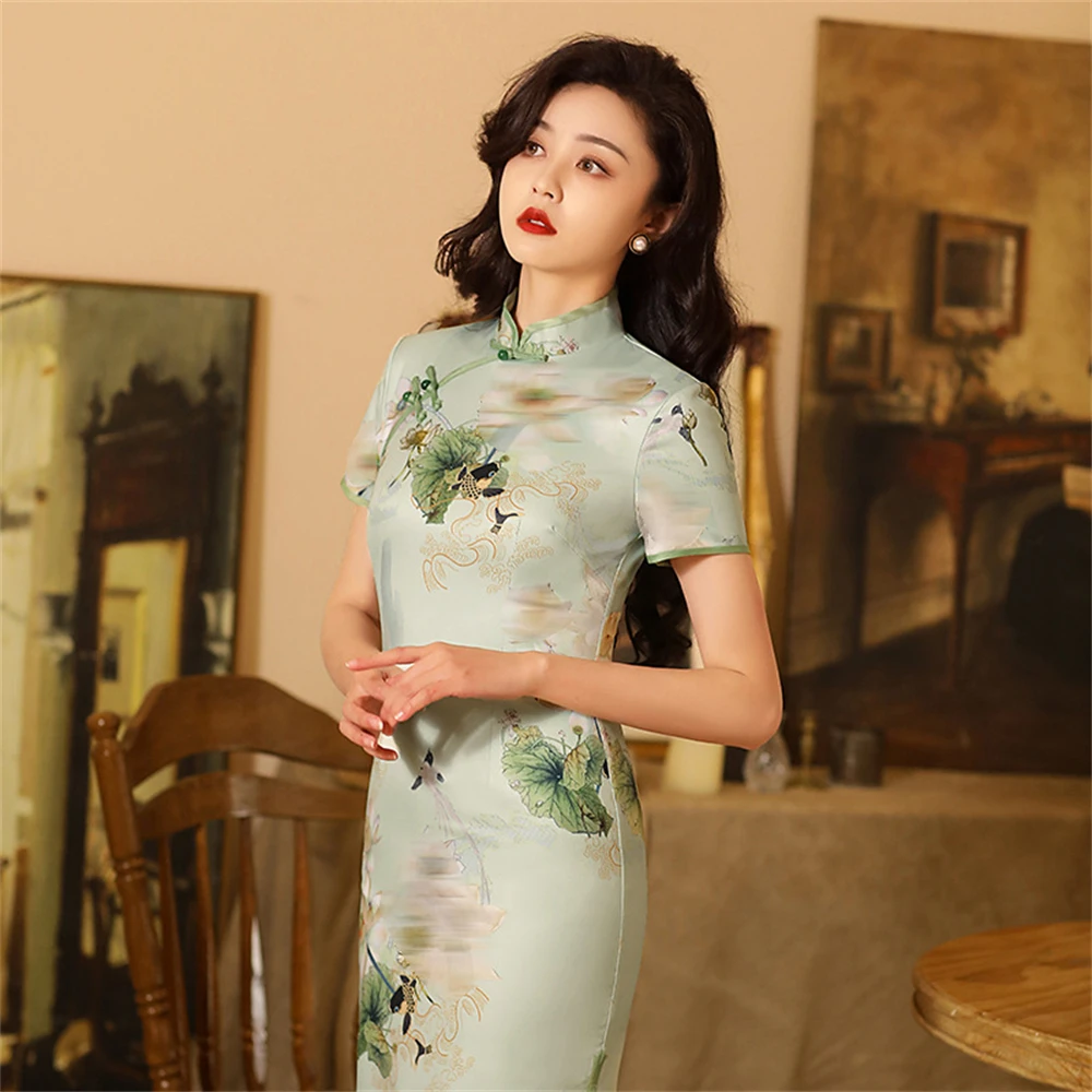 Vintage Elegant Slit Qipao Women Summer Short Sleeves Stand-up Collar Slim Cheongsam Ladies Chinese Traditional Dress For Party