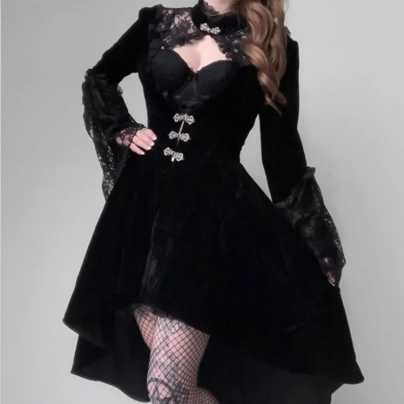 

2025Gothic Black Dress Women New O-Neck Long Sleeve Lace Patchwork Lacing Dress Autumn Winter Black Retro Party Dress Female XXL
