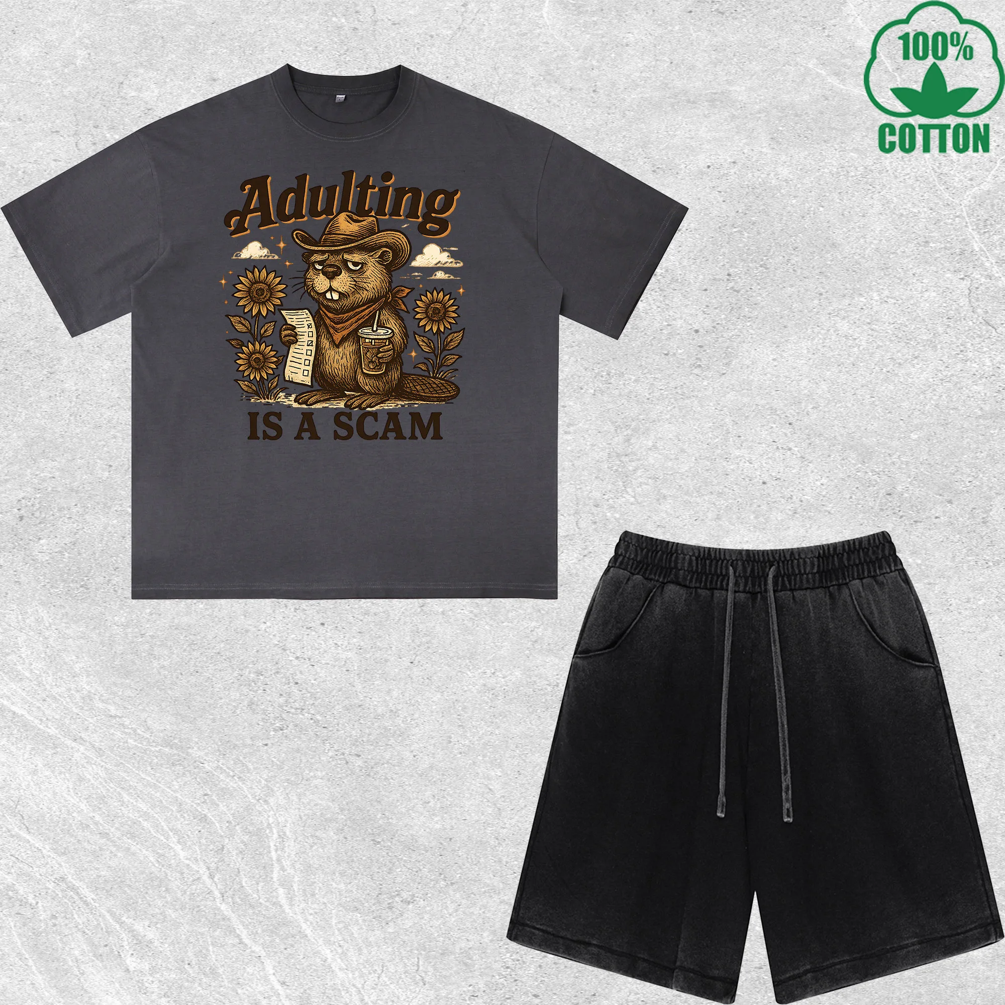 

Adulting Is Scam Printed Dirty Wash T-Shirt Shorts Set Multicolor Combo Loose Trendy Fashionable 100%Cotton