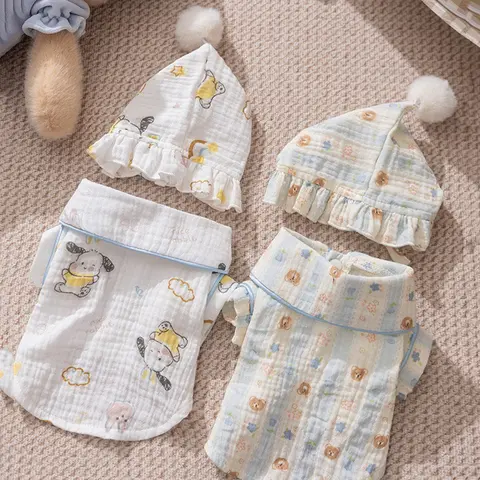 Winter Dog Clothes Cartoon Print Maltese Pyjamas Gauze Teddy Warm Vest Bichon Frise Snap-Front Loungewear with Hat