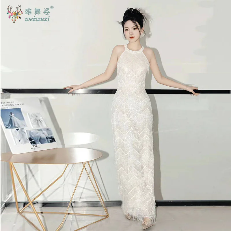 

Luxury Sequin Bead Embroidery Tassel Fine Sparkling Hanging Neck Evening Dress Sleeveless Slim Fit Bride Engagement Dress