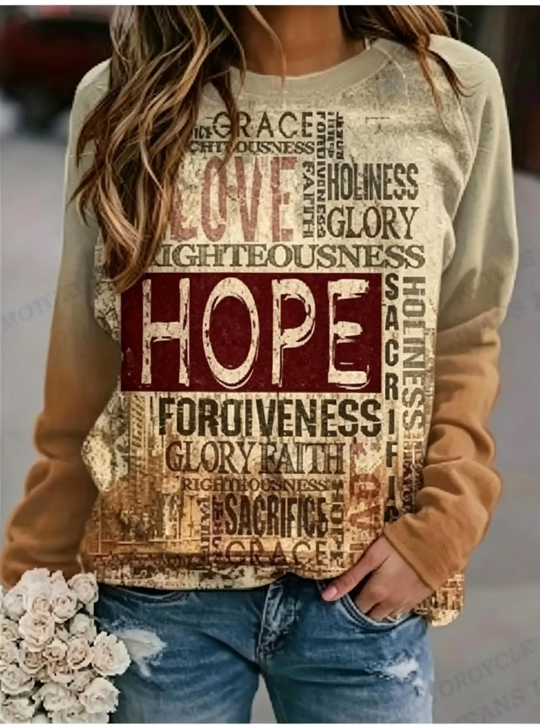 Women Long Sleeve Tee Top Vintage Jesus Faith Letter Print Autumn Fashion Casual Round Neck Sweatshirt Women's Clothes
