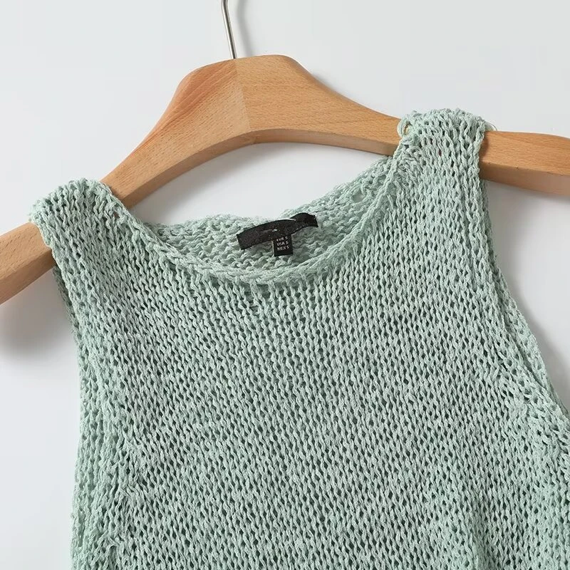 Maxdutti Knitted Vest Green Fresh Pullover Sleeveless Sweater Minimalist Mint Casual Knit Sweater Women Tank Tops