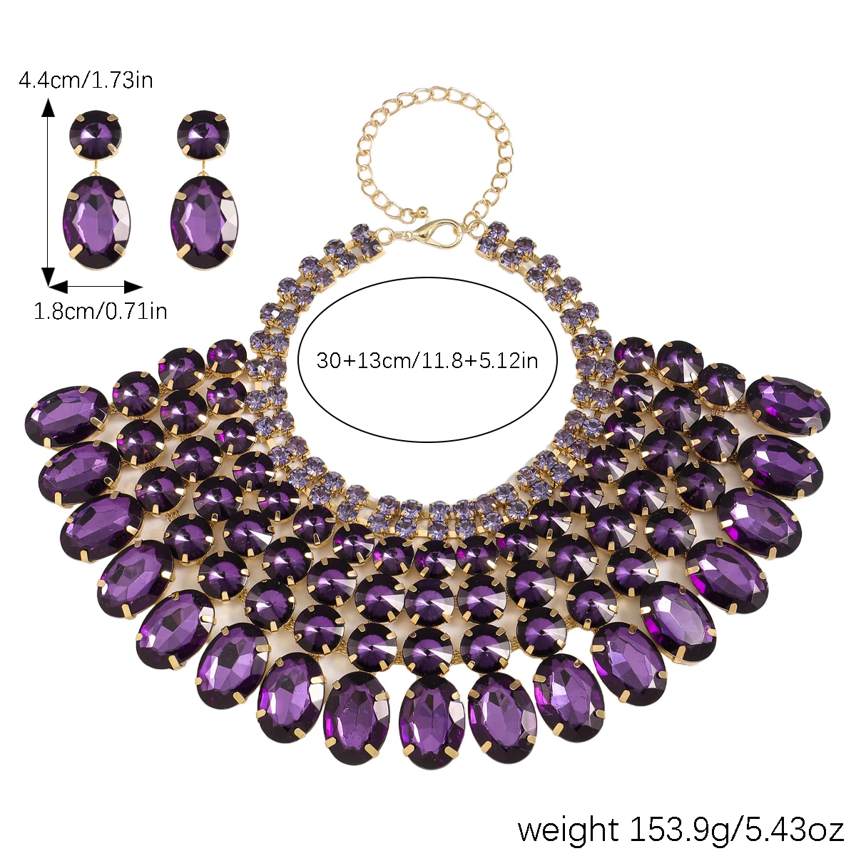 Best Lady 3 Pc Luxurious Exaggerated Style Full of Rhinestone Necklace Earrings Set For Birthday Parties Multiple Color Options