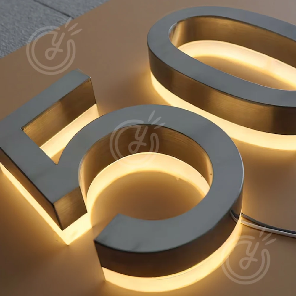 رقم المنزل المخصص في الهواء الطلق ثلاثية الأبعاد LED رسائل معدنية تسجيل لواجهة متجر الأعمال في الهواء الطلق مقاوم للماء علامات الباب الخلفية مضيئة