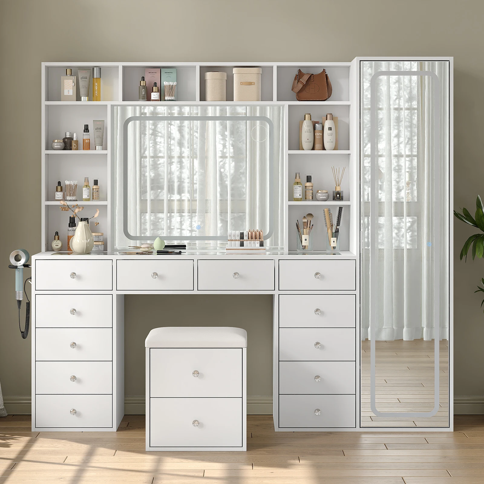 Large Capacity Makeup Vanity Table Set, LED Lighted Mirror with 3 Adjustable Brightness Levels, Multiple Drawers & Storage Shelves, Scratch-Resistant Clear Tempered Glass Tabletop with USB Charging Station