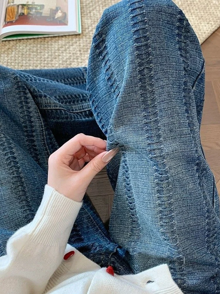 Zwaargewicht gebreide denim jeans met wijde pijpen, hoge taille, casual blauwe dames herfst nieuwe Sle vloerlengte rechte buisbroek