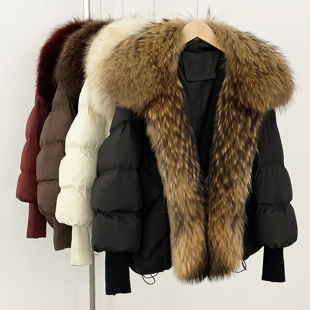 Daunenjacke Winter Großer echter Waschbärpelz Strickärmel Warmer echter Pelzmantel Pufferjacke Damen Dicker weißer Entendaunenmantel Übergröße