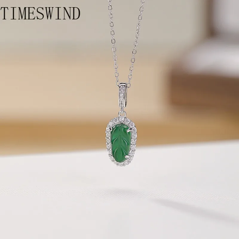 

TIMESWIND Authentic A-type Jade Green Leaf Pendant Full Zircon Women S925 Fashion Necklace Jewelry with Certificate