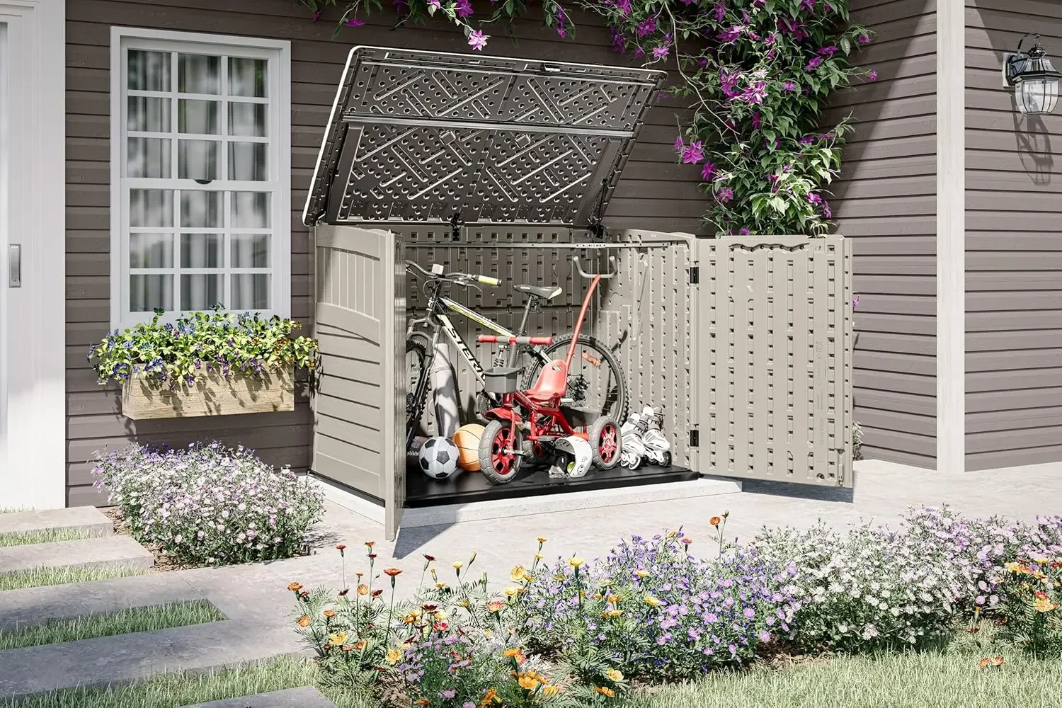 5.9 ft. x 3.7 ft Horizontal Stow-Away Storage Shed - Natural Wood-Like Outdoor Storage for Trash Cans and Yard Tools