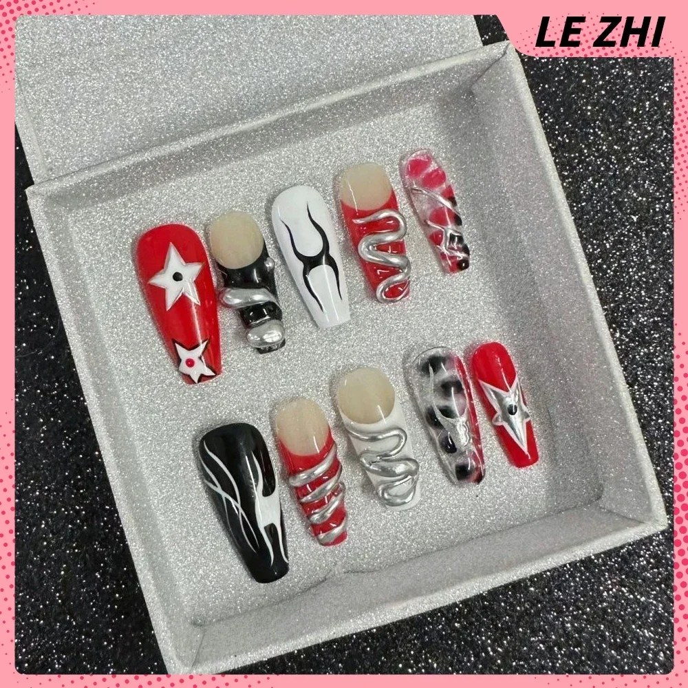 French Star Flower Simple Long Coffin Quadrate Fake Nails Art Handmade Y2K Hottie Reuses Press On Nail Party Stickers