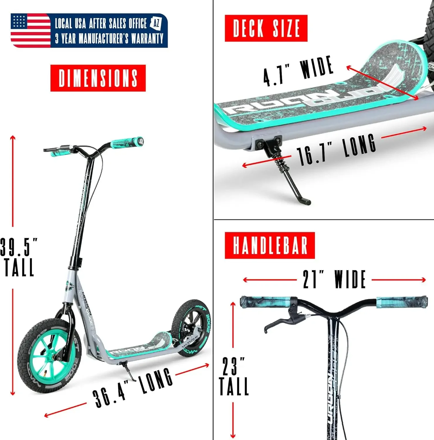 Grand trottinette pour adultes, adolescents et enfants de 8 à 12 ans avec béquille - Pneus remplis d'air de 12", pont large, cadre en acier léger - Urb