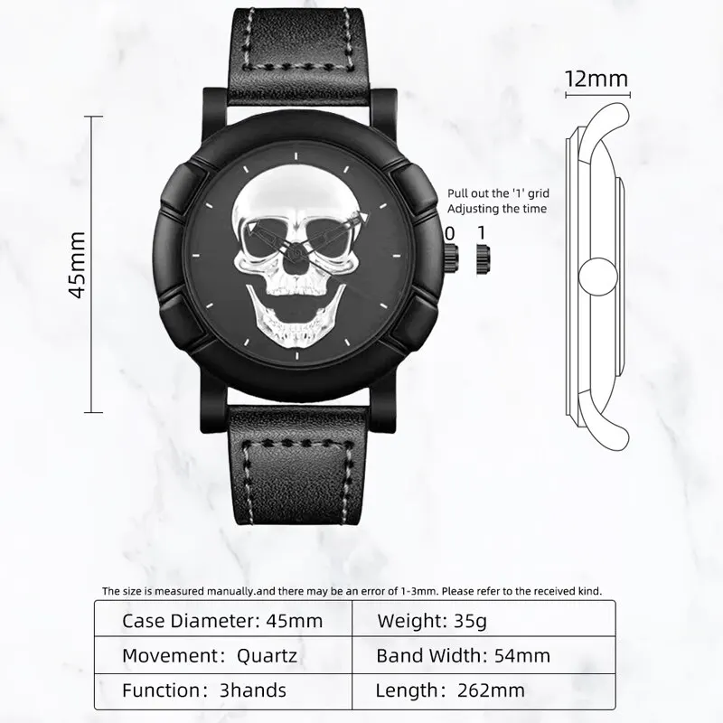 3PCS Set Fashion Mens Skull Watches Classic Men Business Leather Quartz Watch Male Cool Black Necklace Bracelet Wristwatch - view 2