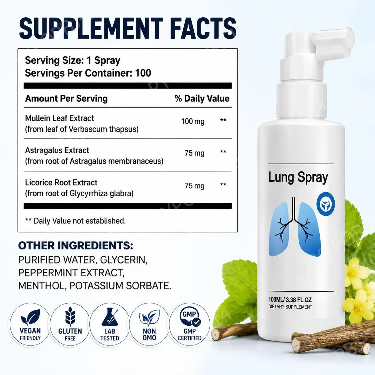 Googeer Lung Spray with Mullein, Astragalus & Licorice Root Extracts, Forms Protective Film, Mild Non-Irritating Mucosa, 100 ML