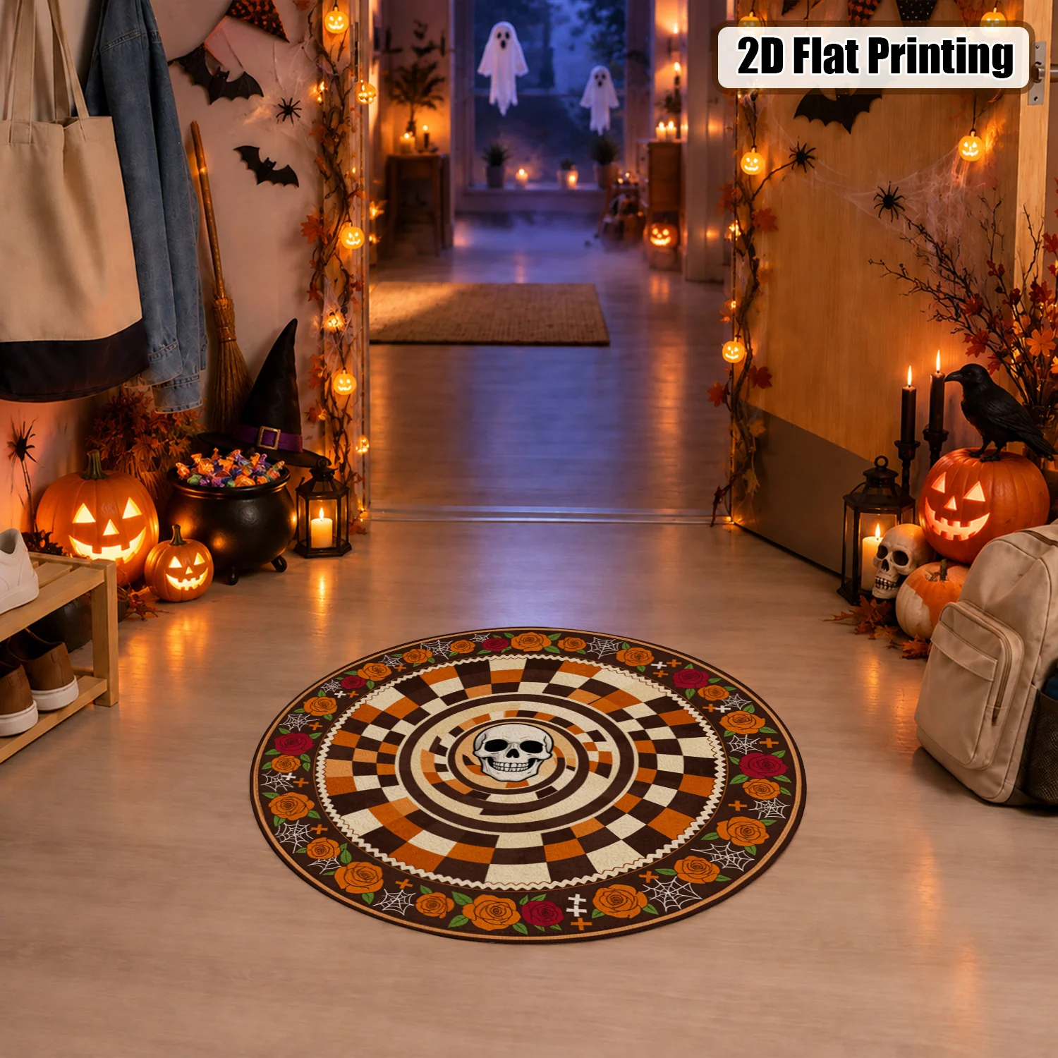 Skull Roses Spider Web Checkered Design Round Velvet Rug Machine Washable for Living Room Bedroom Entryway Dining Room Halloween Thanksgiving Christmas New Year