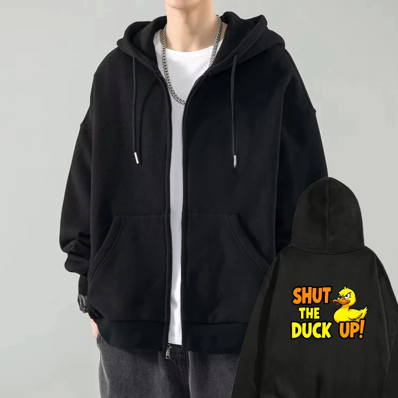 

Mens Hooded Jacket Black Shut The Duck Up Printed Funny Cartoon Duck Design Casual Streetwear For Daily Wear Outdoors