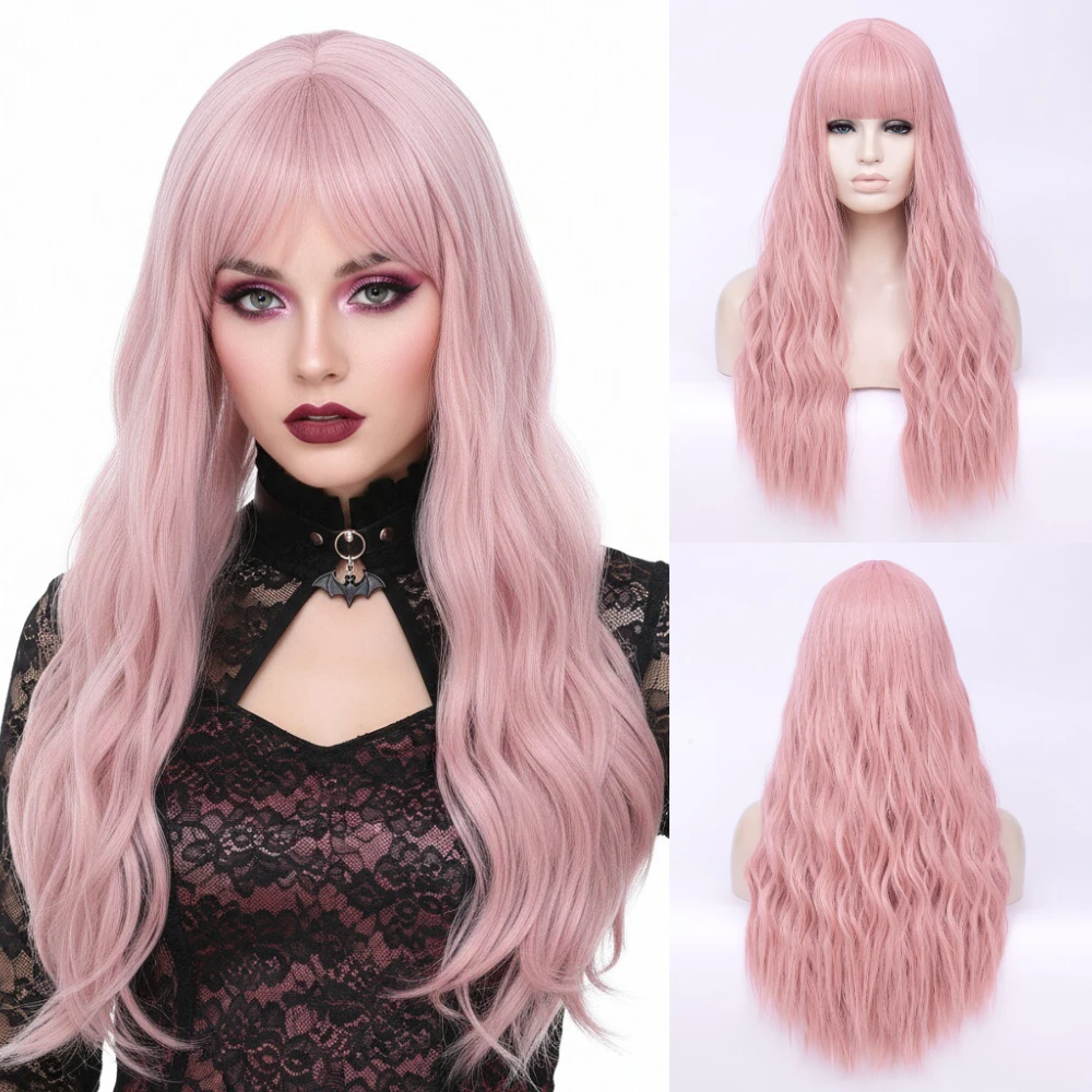 

MSIWIGS длинный волнистый синтетический парик розовый для косплея женский термостойкий с челкой для вечеринок на Хэллоуин