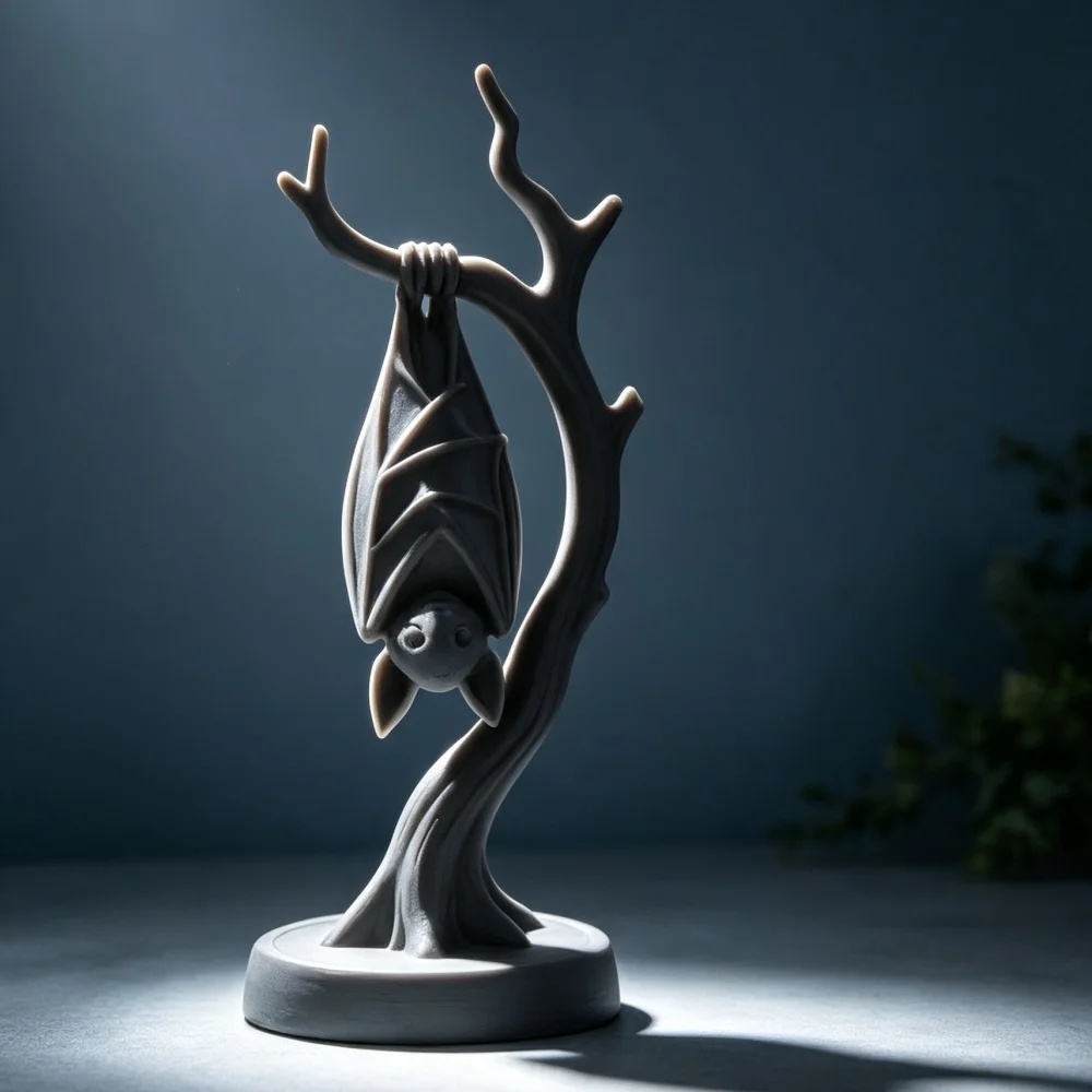 3D Printed White Hanging Bat On Branch Figurine Desktop Ornament For Spooky Halloween Gothic Home Decor Gift