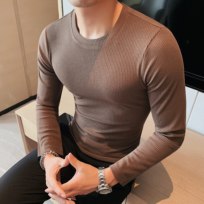 Fashion 2024 Autumn Round Neck Slim Fit Striped T Shirts Men Solid Long Sleeve Simple Bottoming Shirt Casual Clothing Tee 4XL-M