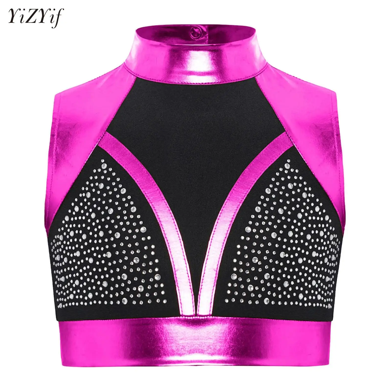 

Kids Girls Gymnastics Acrobatics Dance Top Rhinestones Color Block Cutout Crop Tops Belly Cheerleading Performance Dancewear