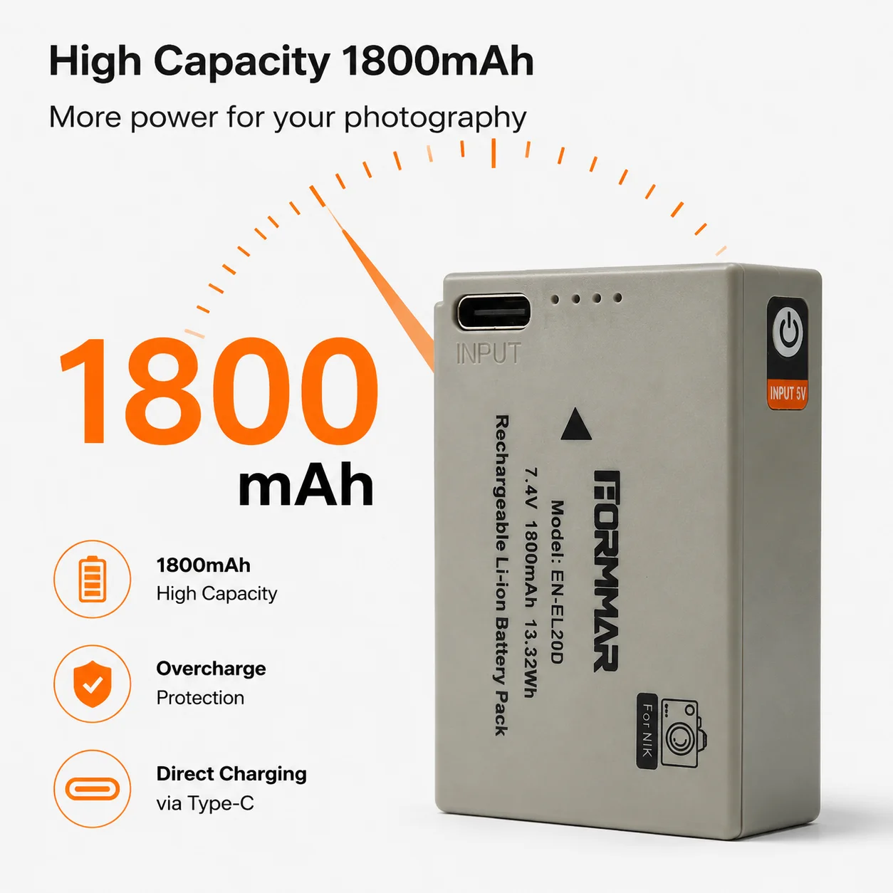 EN-EL20 EN-EL20A Battery 1800mAh 7.4V Type-C USB Charging Li-ion Battery for Coolpix P1000 P950 Nikon 1 J1 J2 J3 AW1