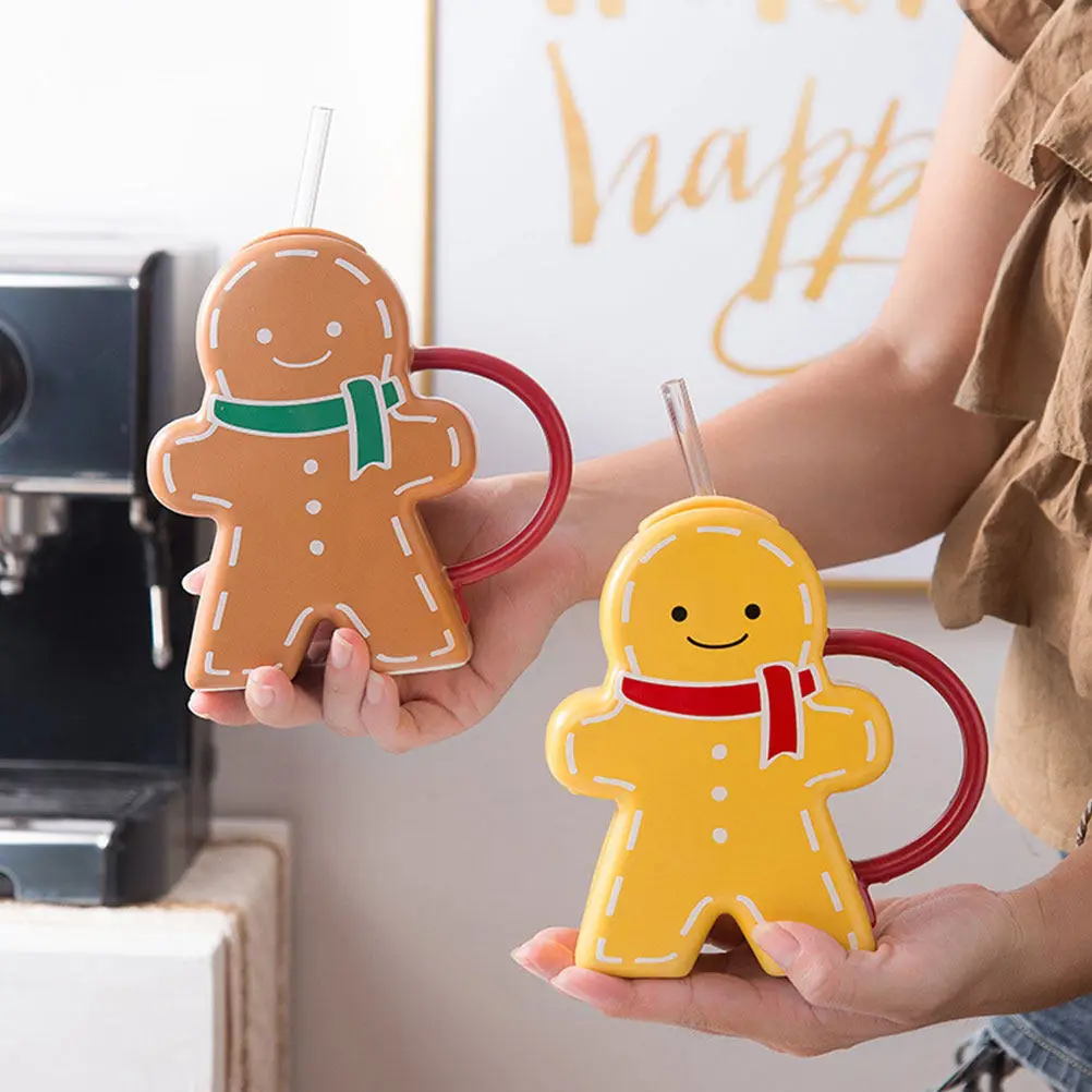 Gingerbread Straw Cup Adorable Ceramic Water Mug Household Drink Cup with Lid Straw for Coffee Tea Juice Beverage