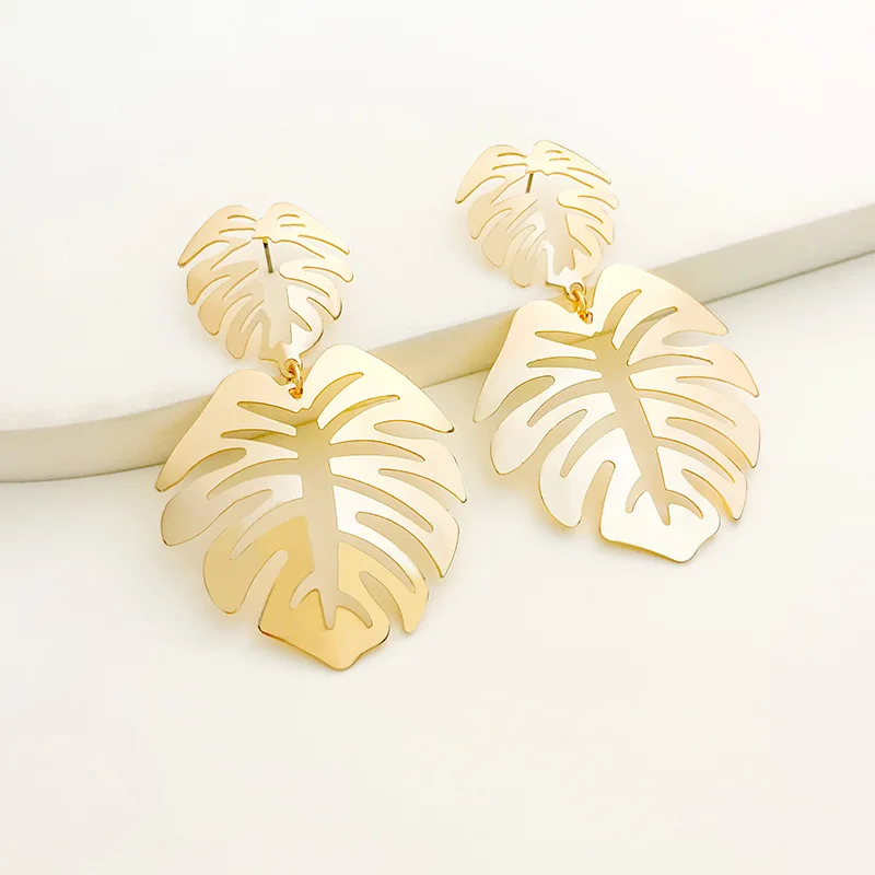 Trendy Metal Leaf Dangle Earrings for Women Small Big Double Layer Hollow Out Leaves Drop Earrings Party Retro Bohemian Jewelry