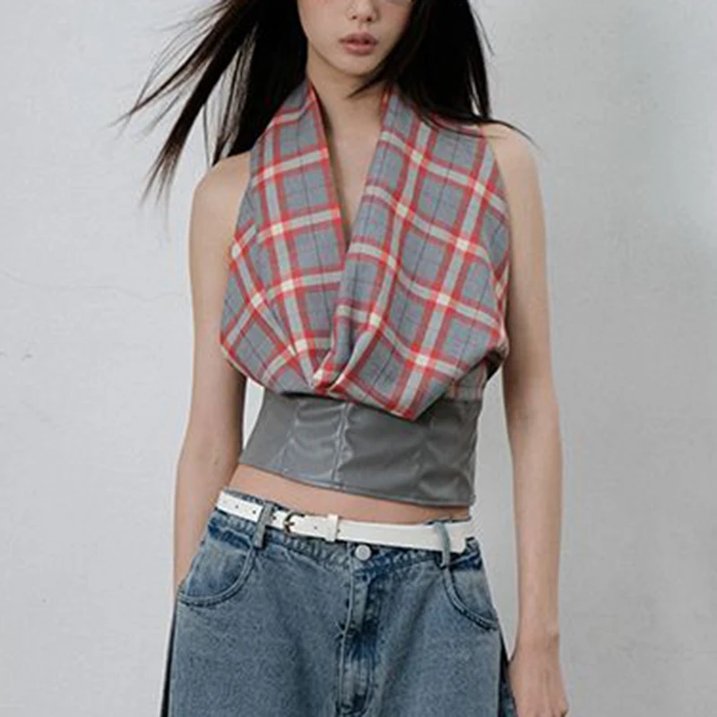 

Design sense spicy girl plaid hanging neck splicing pure desire slim fit sleeveless ins style T-shirt top